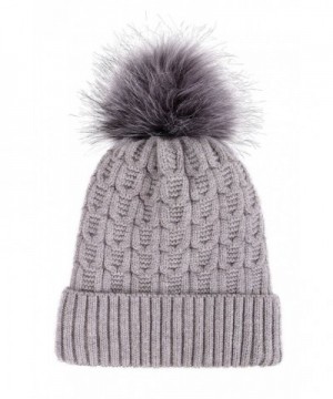Women Winter Faux Fur Pompom Knit Sherpa Lined Beanie Hat Grey Beanie ...
