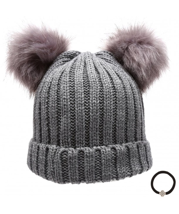 Women's Winter Chunky Knit Double Pom Pom Beanie Hat With Hair Tie ...